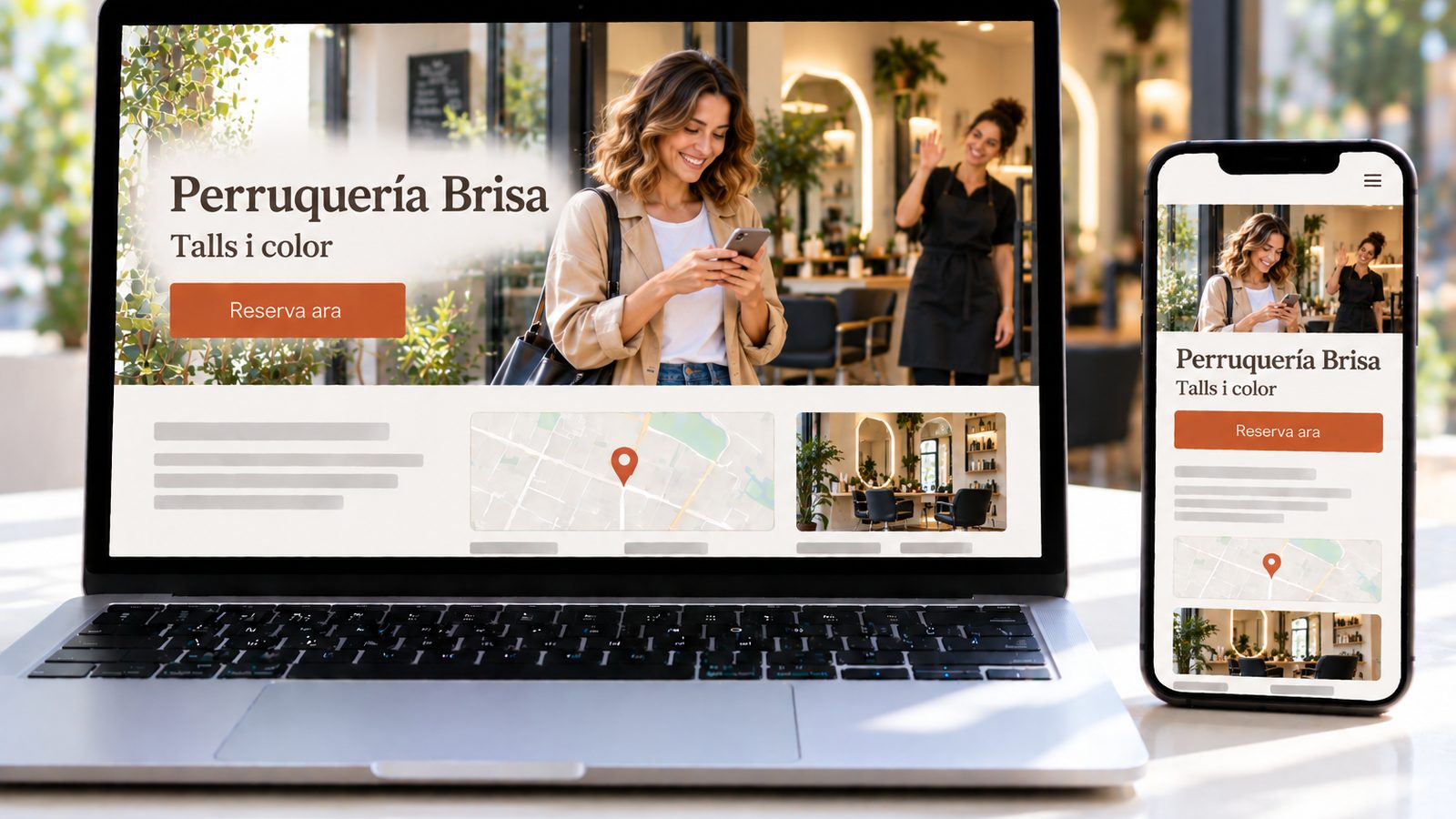 Un ordinador i un mòbil mostren la web de Perruqueria Brisa amb una clienta i una estilista a la imatge principal.