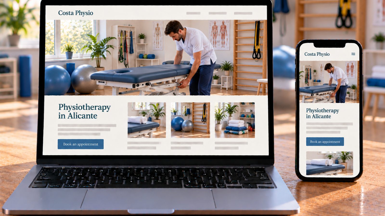 Laptop and phone display the Costa Physio website, with a physiotherapist adjusting a treatment table in a bright clinic.