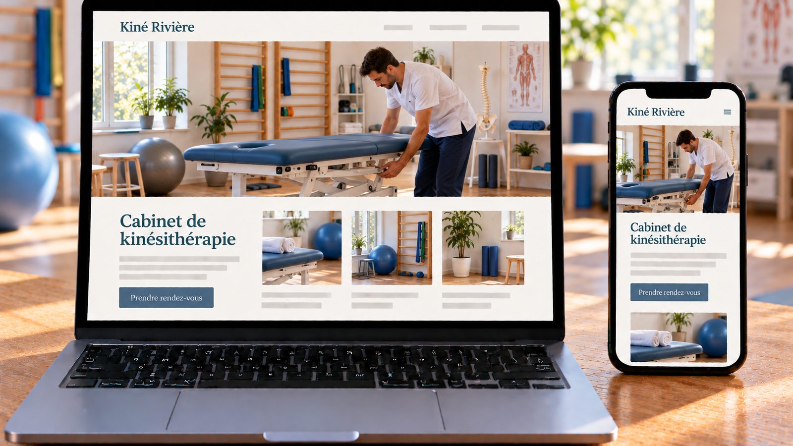 Un ordinateur et un smartphone affichent le site d'un cabinet de kinésithérapie avec une salle de soins moderne.