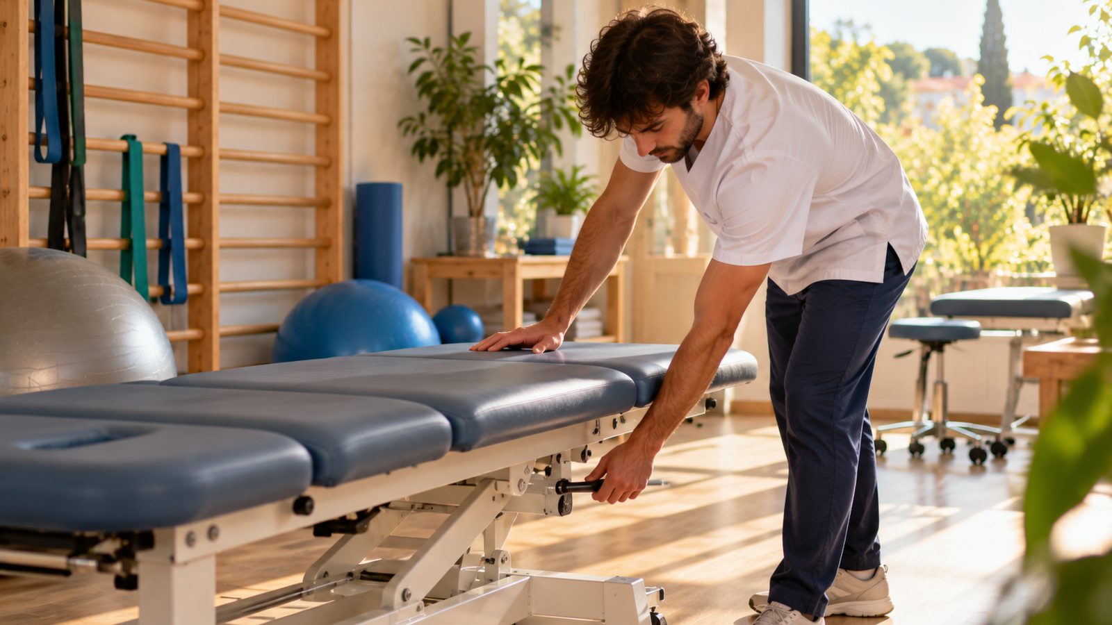 A physiotherapist adjusts a treatment table in a bright room with wall bars and exercise balls.