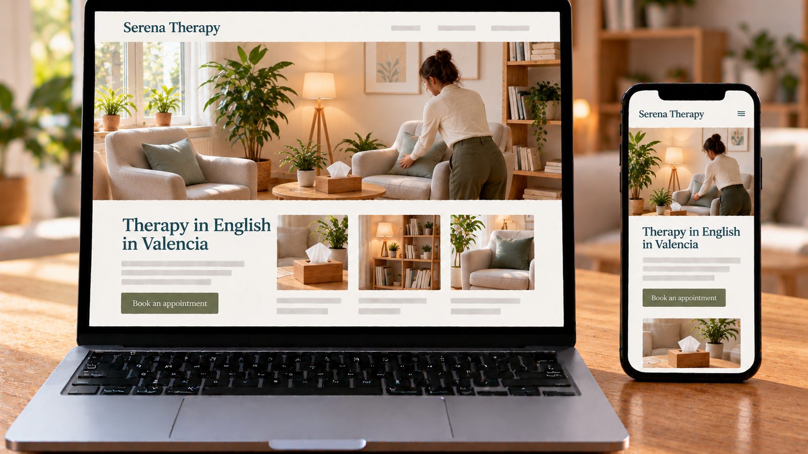 A laptop and smartphone display a psychologist's website with a bright, calming therapy room.