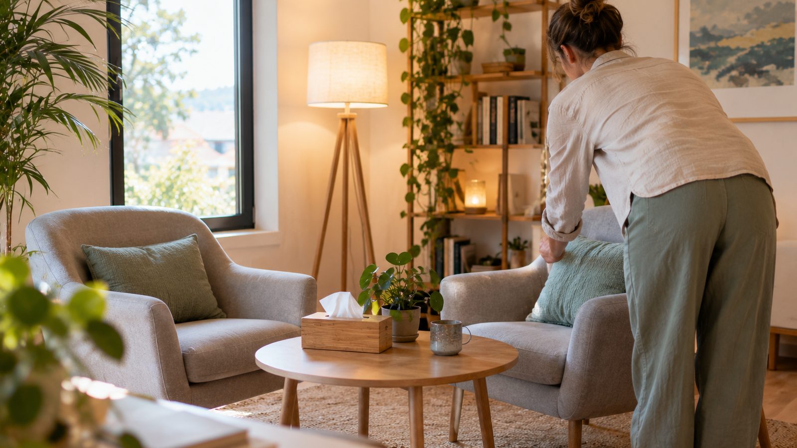 A therapist, seen from behind, arranges a cushion on an armchair in a bright room with plants.