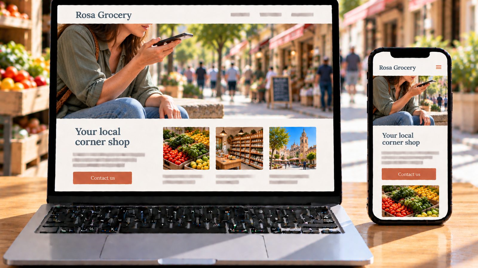 A laptop and smartphone display the Rosa Grocery website, with a woman recording a voice message in the hero image.