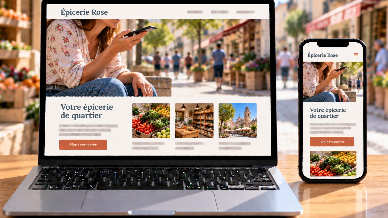 Un ordinateur et un smartphone affichent le site Épicerie Rose, avec une femme enregistrant un message vocal sur la photo principale.