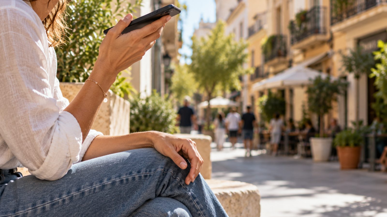 Una persona sentada en un muro soleado graba un mensaje de voz con su teléfono, frente a una calle comercial desenfocada.