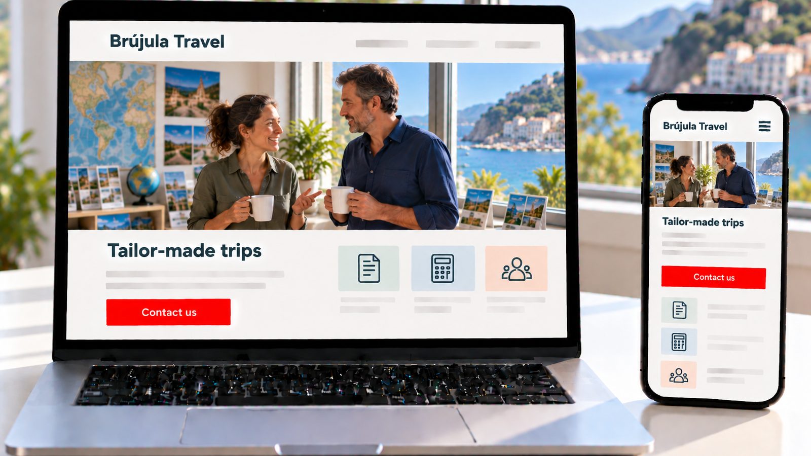 A laptop and smartphone show the Brújula Travel website with two colleagues discussing travel over coffee.
