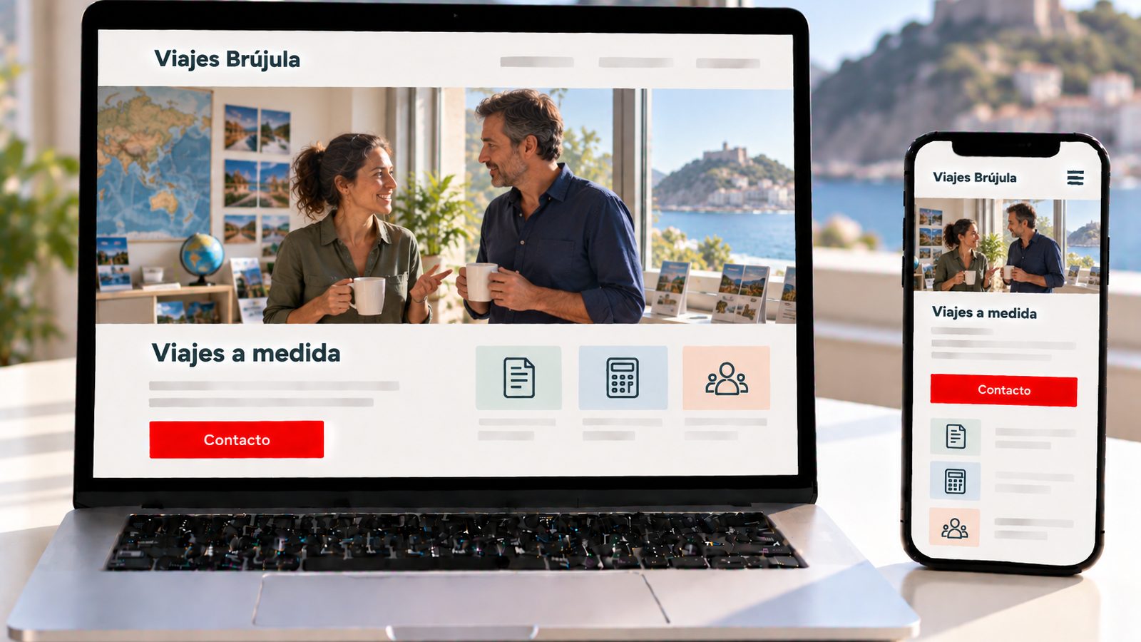 Un portátil y un móvil muestran la web de Viajes Brújula con dos socios conversando con café.