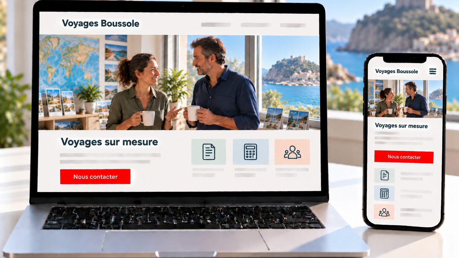 Un ordinateur et un smartphone affichent le site Voyages Boussole avec deux associés échangeant autour d'un café.