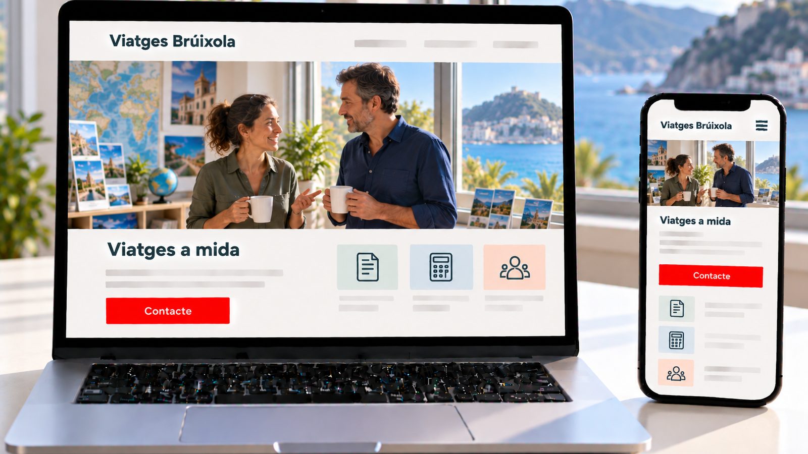 Un ordinador i un mòbil mostren la web de Viatges Brúixola amb dos socis conversant amb cafè.