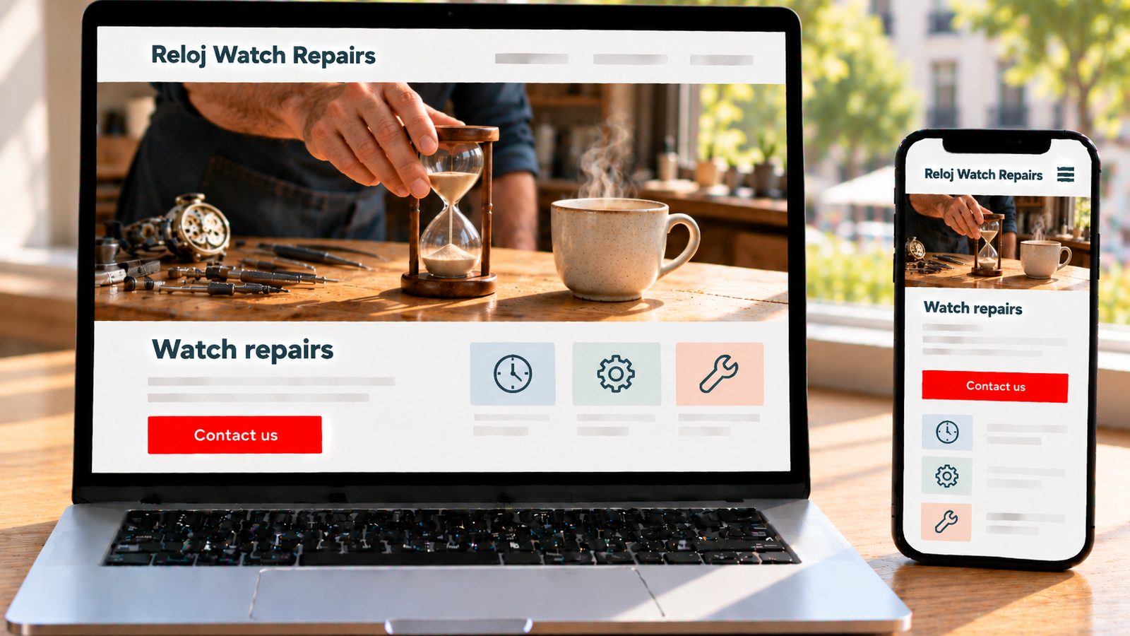 A laptop and smartphone display the Reloj Watch Repairs site with watch repair tools and services.