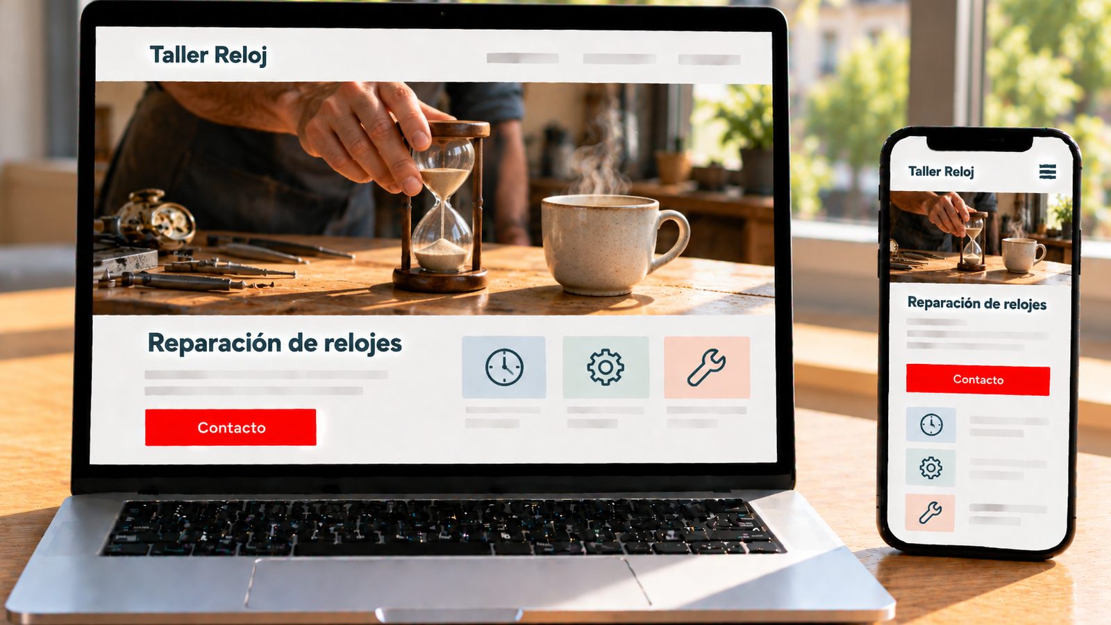 Un portátil y un móvil muestran la web de Taller Reloj con un taller de reparación de relojes.