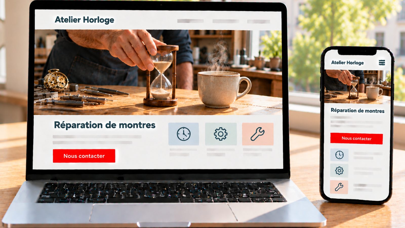 Un ordinateur et un smartphone affichent le site Atelier Horloge avec un atelier de réparation de montres.