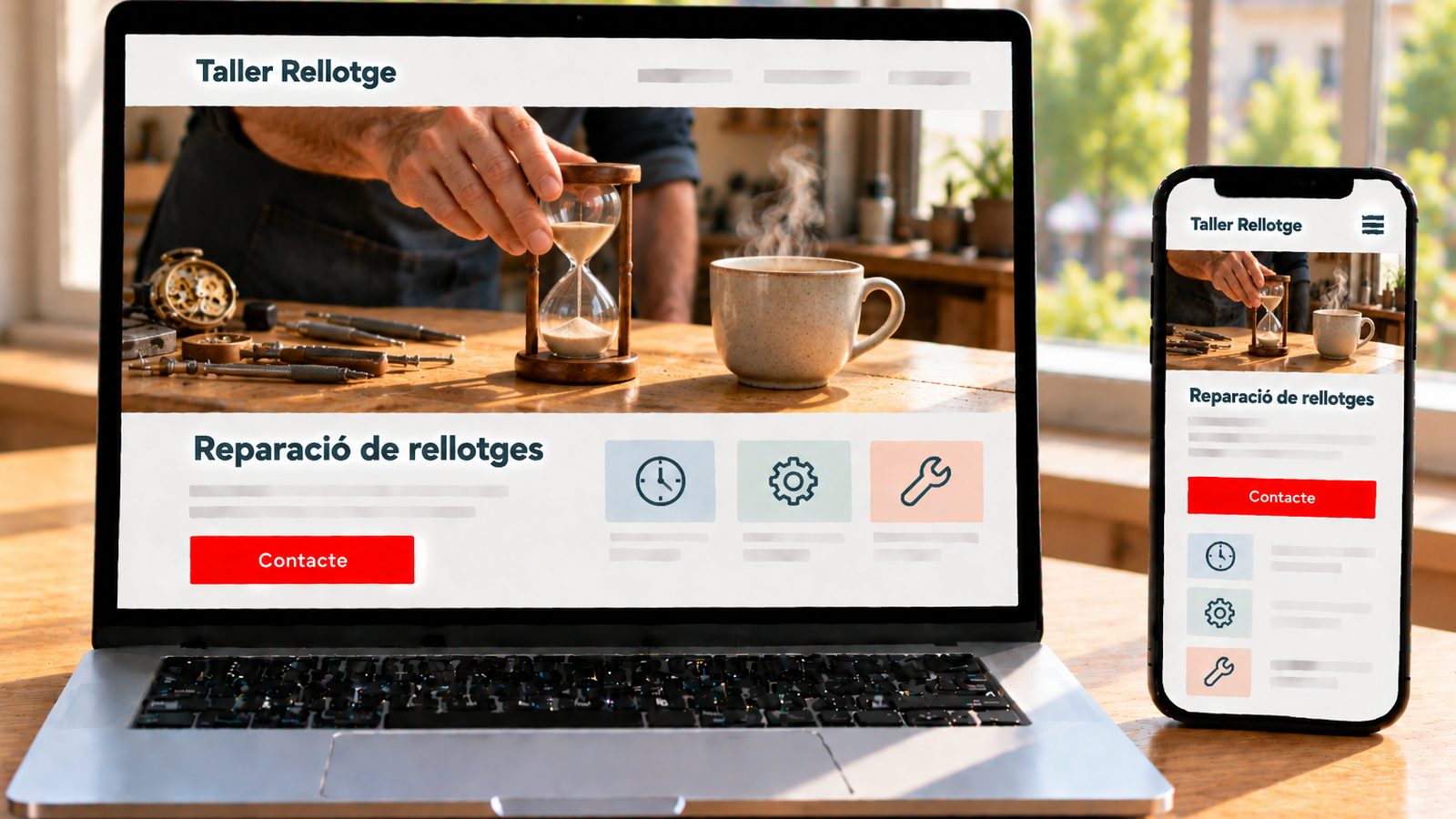Un ordinador i un mòbil mostren la web de Taller Rellotge amb eines de reparació de rellotges.