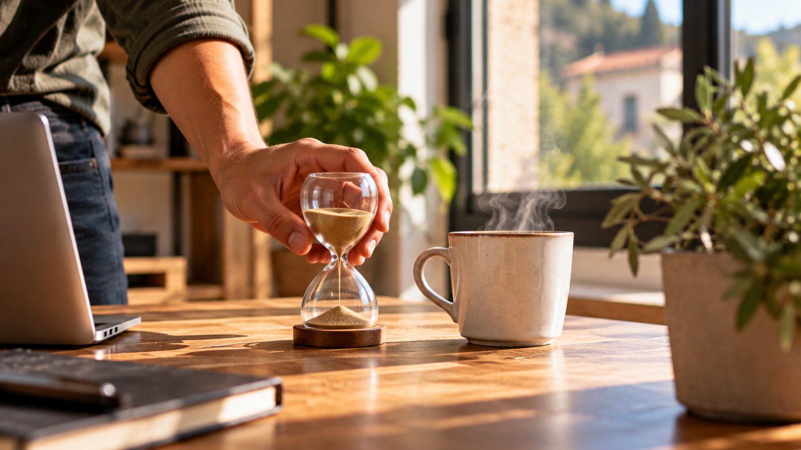 Une main pose un sablier sur un bureau en bois, à côté d'une tasse de café fumante.
