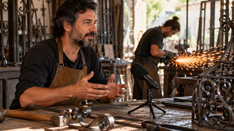 Un herrero artesano explica su oficio junto a un pequeño micrófono, mientras al fondo se trabaja el metal con una amoladora.