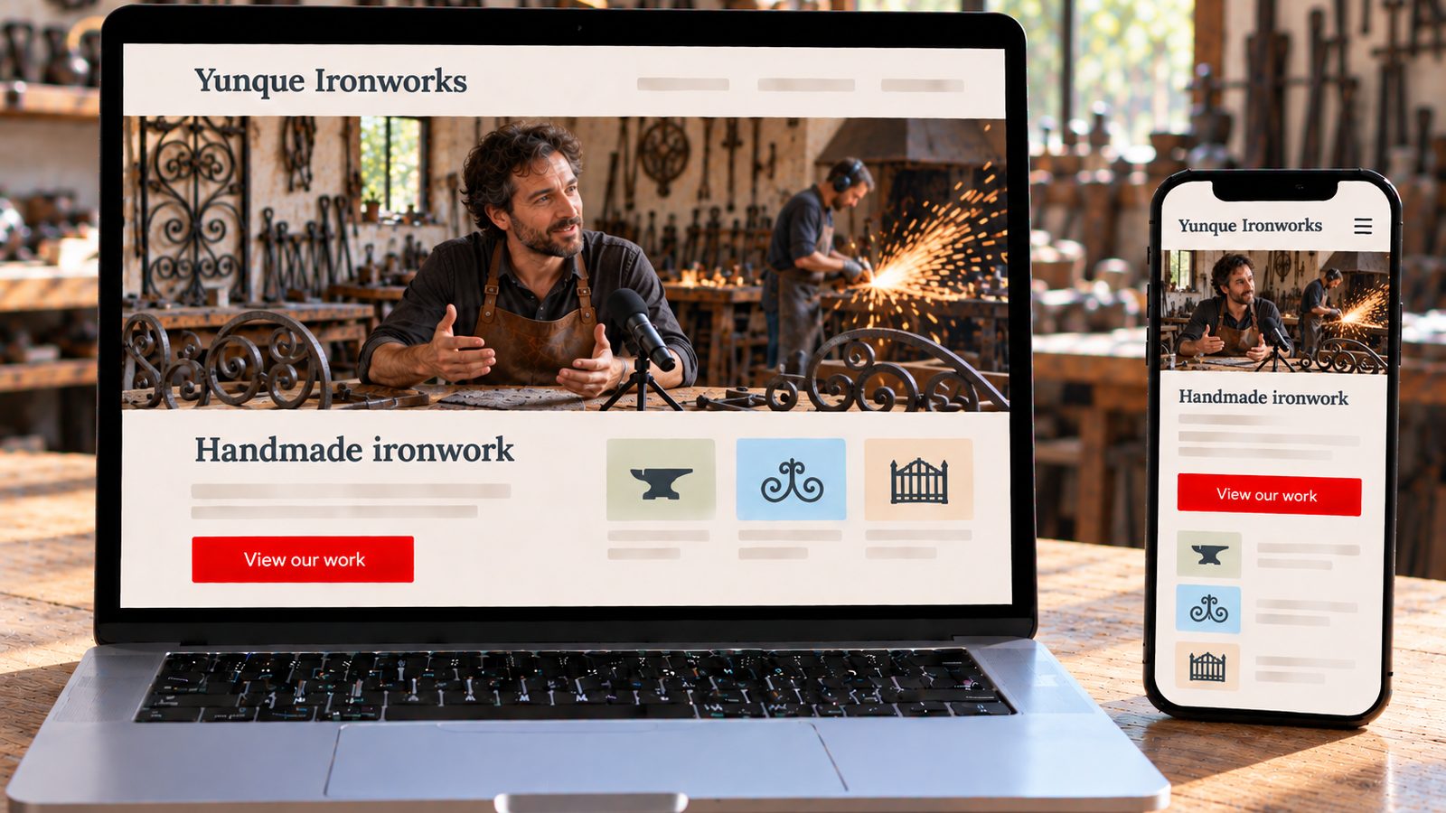 A laptop and smartphone display the Yunque Ironworks website with a blacksmith speaking in his workshop.