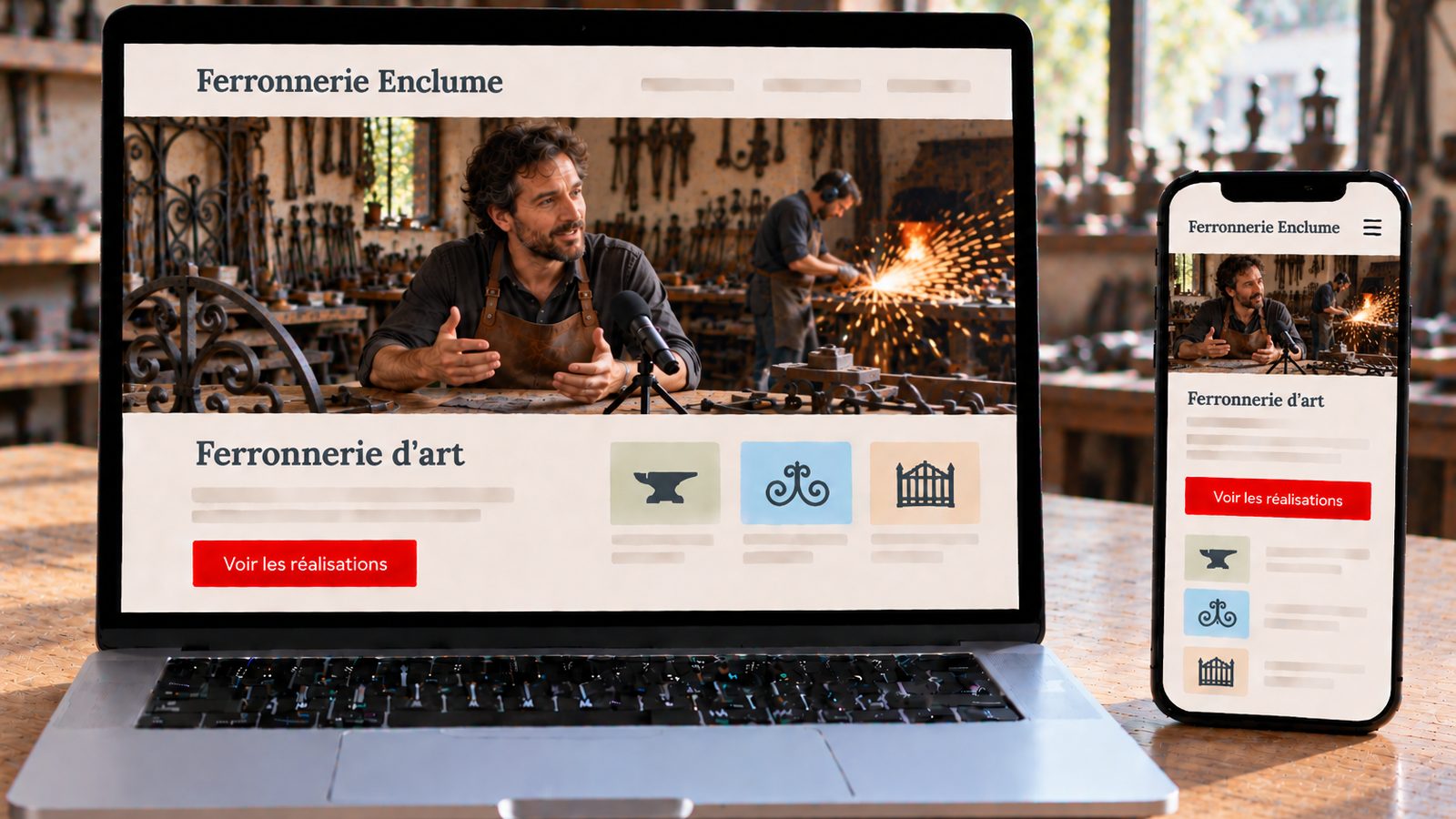 Un ordinateur et un smartphone affichent le site Ferronnerie Enclume avec un artisan dans son atelier.