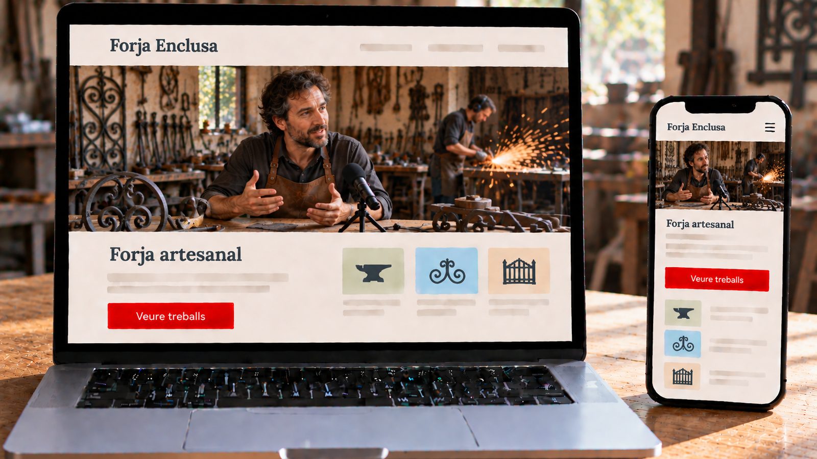 Un portàtil i un mòbil mostren la web de Forja Enclusa amb un artesà parlant al seu taller.