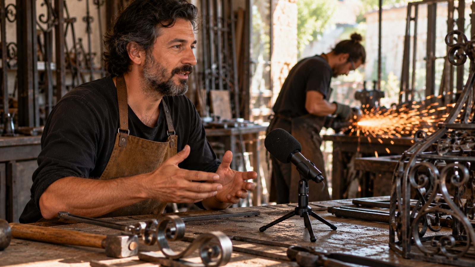 Un herrero artesano explica su oficio junto a un pequeño micrófono, mientras al fondo se trabaja el metal con una amoladora.