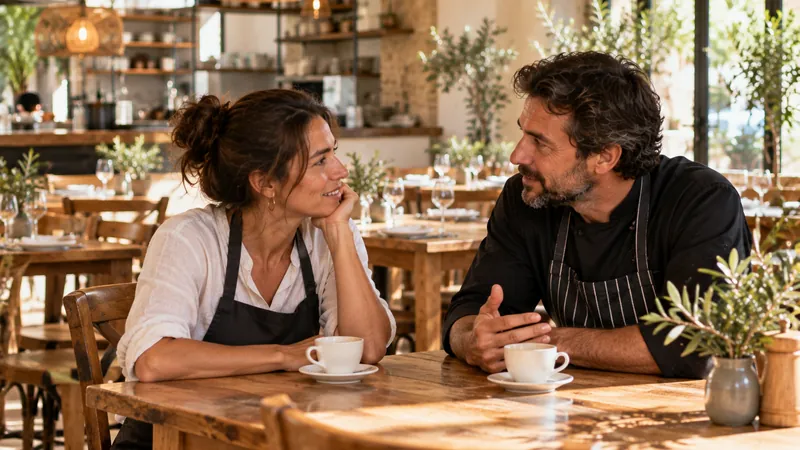 Una pareja de restauradores conversa en una mesa de su comedor vacío antes del servicio, con dos tazas de café.