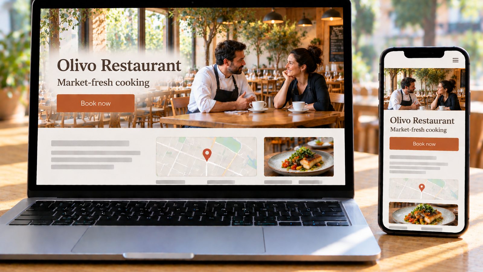 Laptop and smartphone display the Olivo Restaurant website in desktop and mobile layouts, with a restaurant photo and booking button.