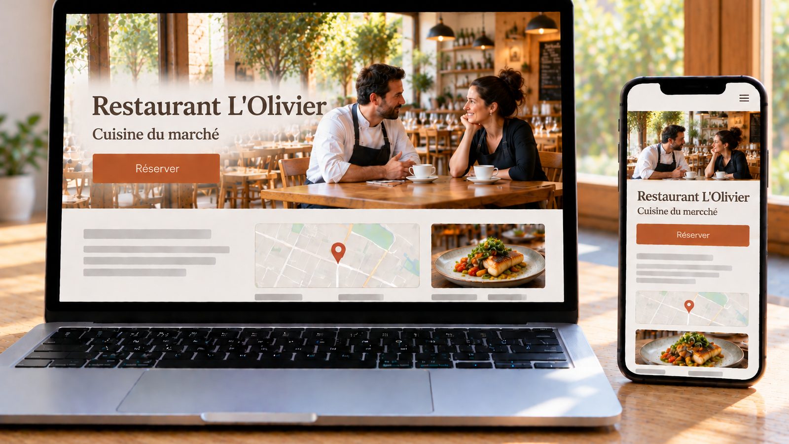 Un ordinateur portable et un smartphone affichent le site du Restaurant L’Olivier en versions ordinateur et mobile.