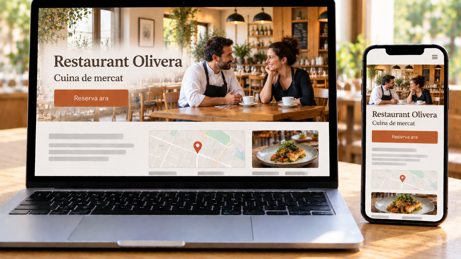 Un ordinador portàtil i un mòbil mostren la web del Restaurant Olivera en versions d’escriptori i mòbil.