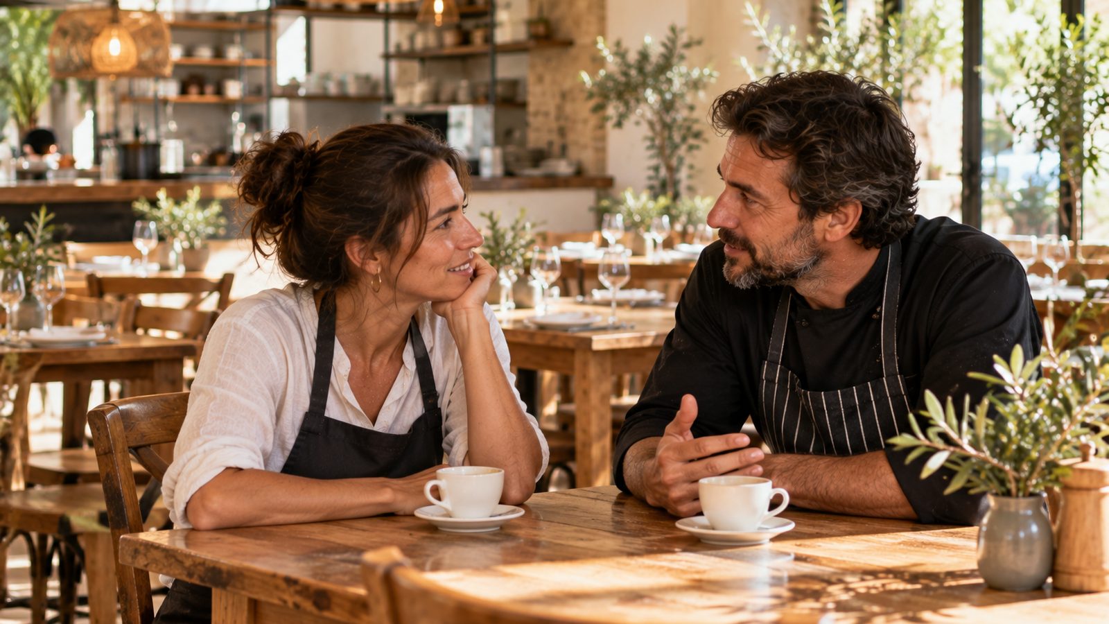 Una pareja de restauradores conversa en una mesa de su comedor vacío antes del servicio, con dos tazas de café.