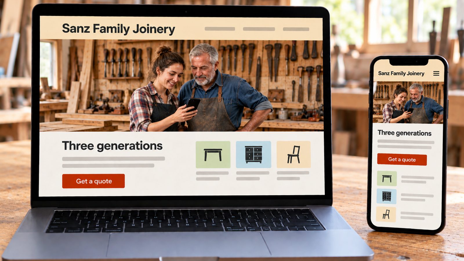 Laptop and smartphone display the Sanz Family Joinery website in desktop and mobile layouts.