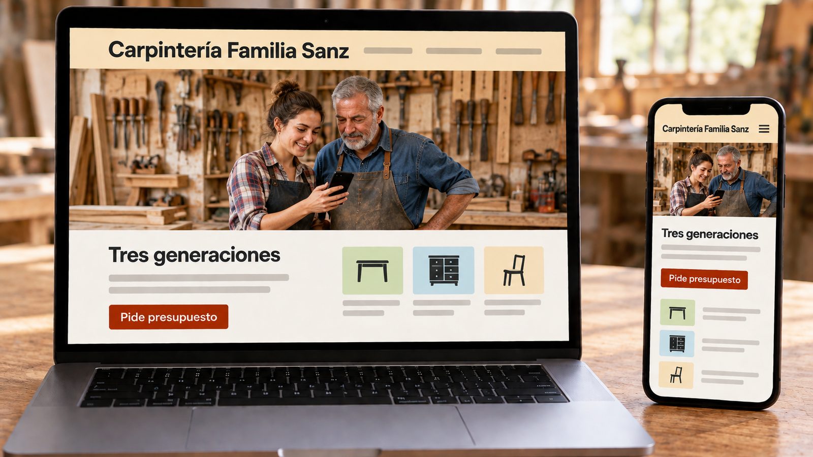 Un portátil y un móvil muestran la web de una carpintería familiar en versiones de escritorio y móvil.