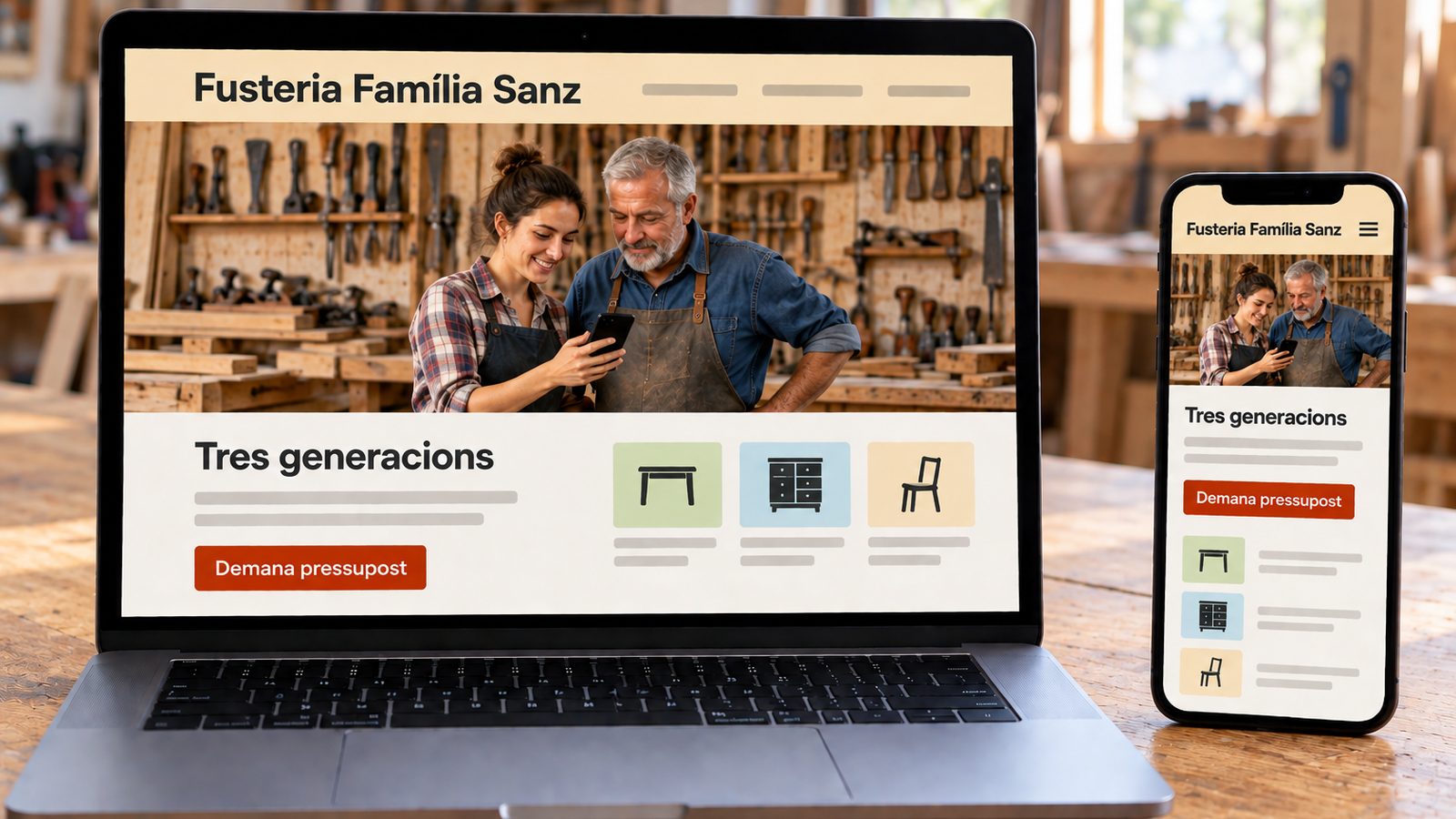 Un ordinador i un mòbil mostren la web d'una fusteria familiar adaptada a cada pantalla.