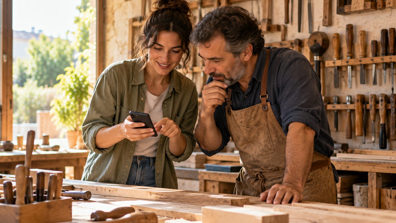 A young woman shows her phone to an older carpenter in a family workshop filled with tools and timber.