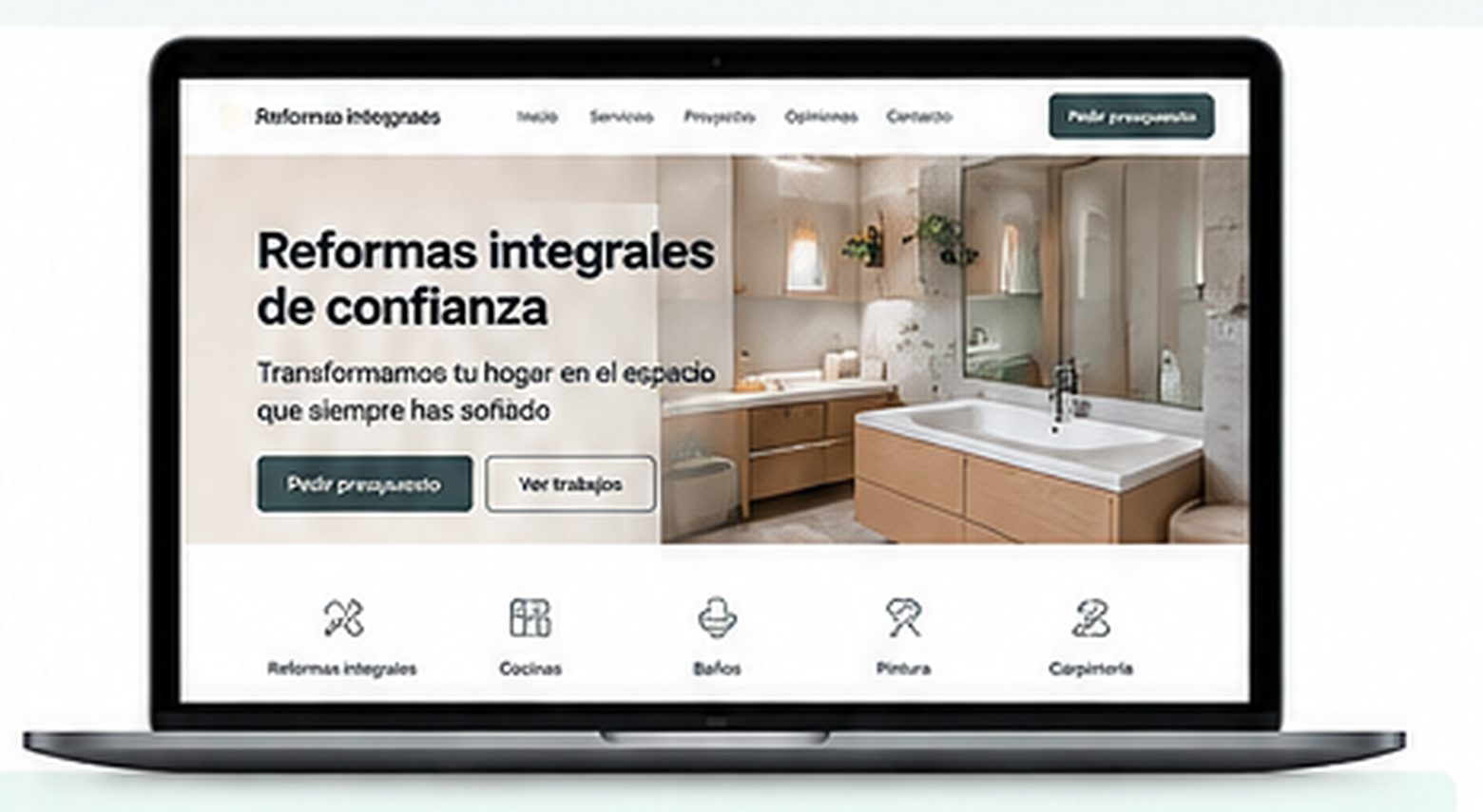 Diseño web para empresas de reformas: ejemplo de portada con servicios de reformas integrales, cocinas, baños, pintura y carpintería