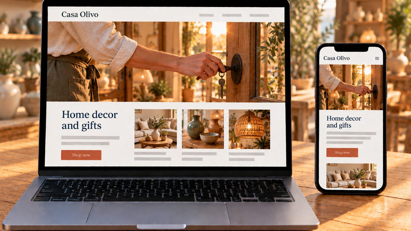 A laptop and smartphone display the same home decor shop website in desktop and mobile layouts.