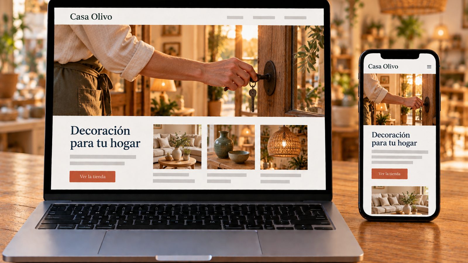 Un portátil y un móvil muestran la misma web de una tienda de decoración en versiones de escritorio y móvil.