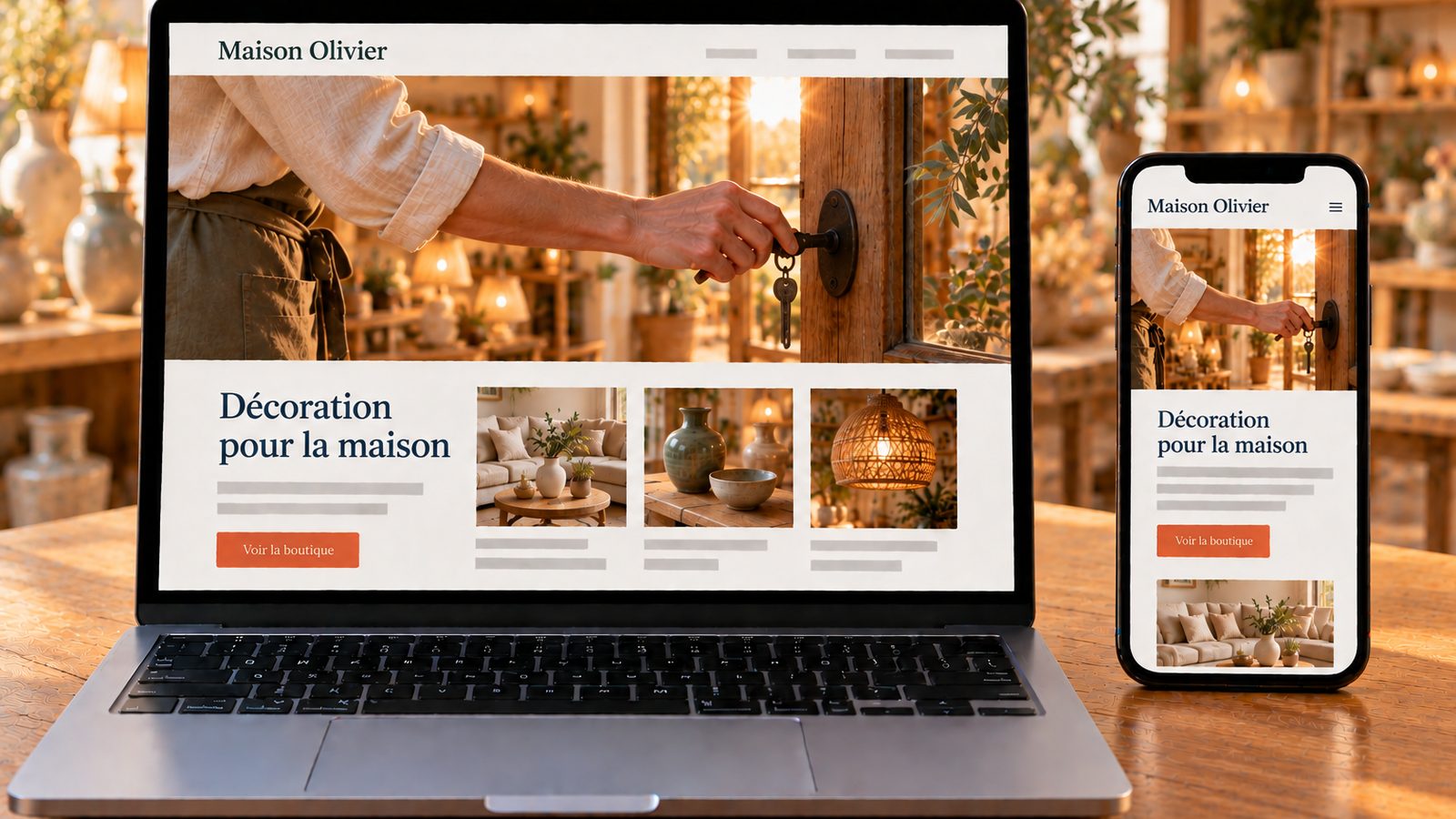 Un ordinateur portable et un smartphone affichent le même site de décoration en versions ordinateur et mobile.