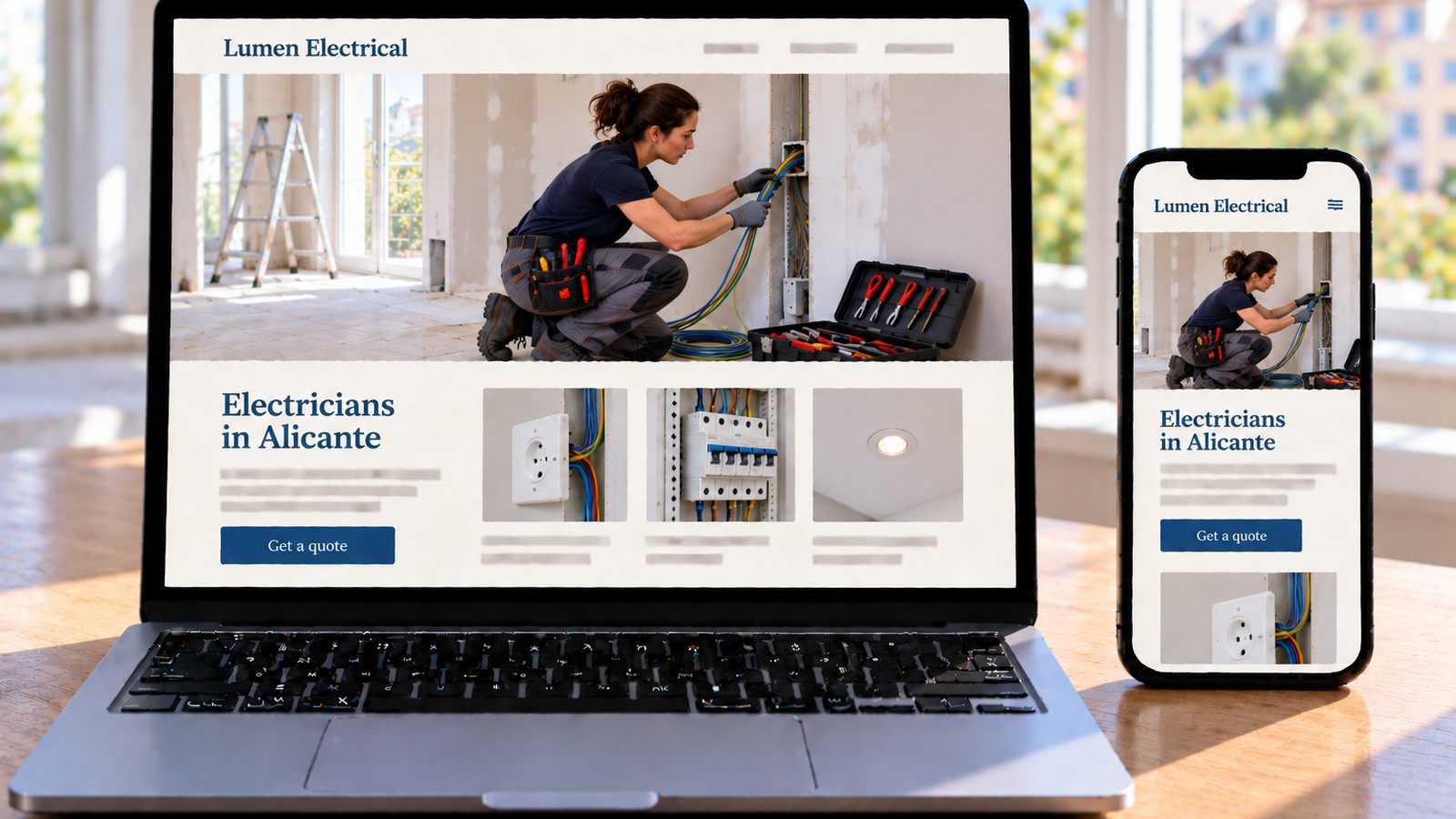Laptop and phone display the Lumen Electrical website, featuring an electrician installing cables in a home under renovation.