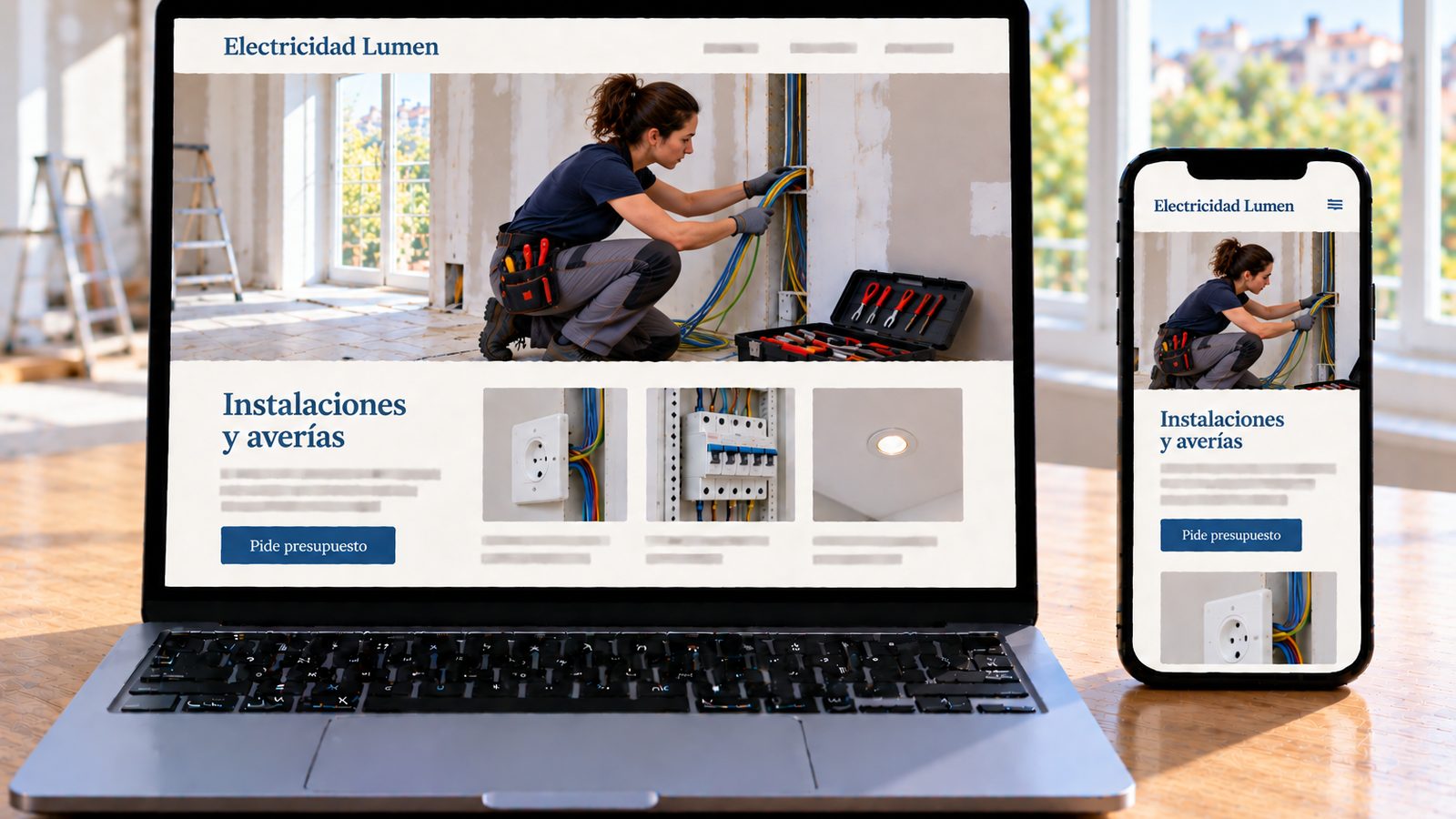 Portátil y móvil muestran la web Electricidad Lumen con una electricista instalando cables en una vivienda en obras.