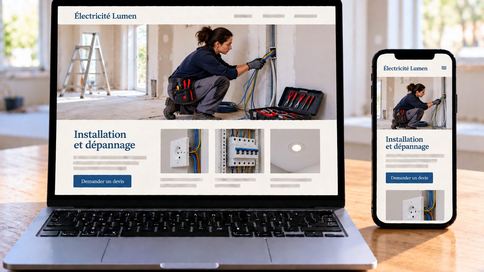 Un ordinateur et un téléphone affichent le site Électricité Lumen, avec une électricienne installant des câbles dans un logement en rénovation.