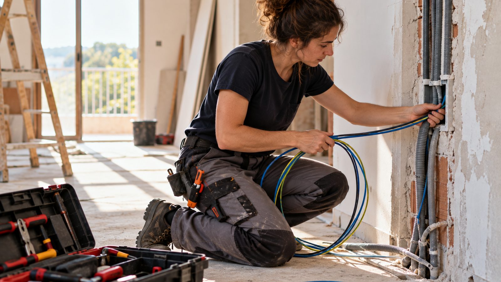 Una electricista introduce cables en un conducto de la pared de un piso en renovación, con herramientas cerca.