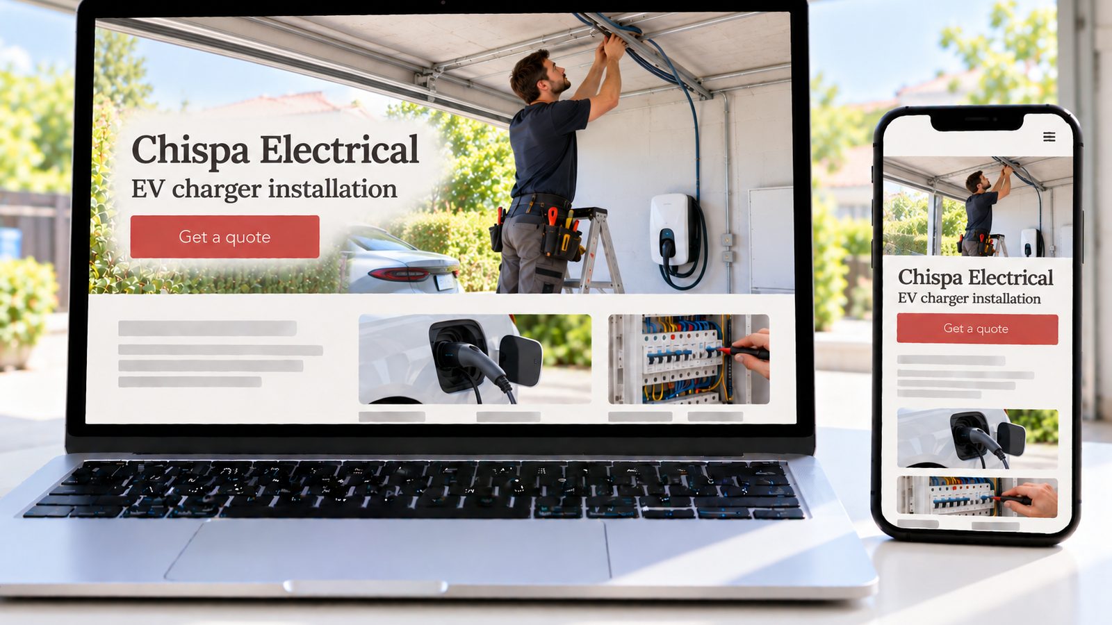 Laptop and smartphone display a responsive electrician website featuring an electrician installing ceiling wiring.