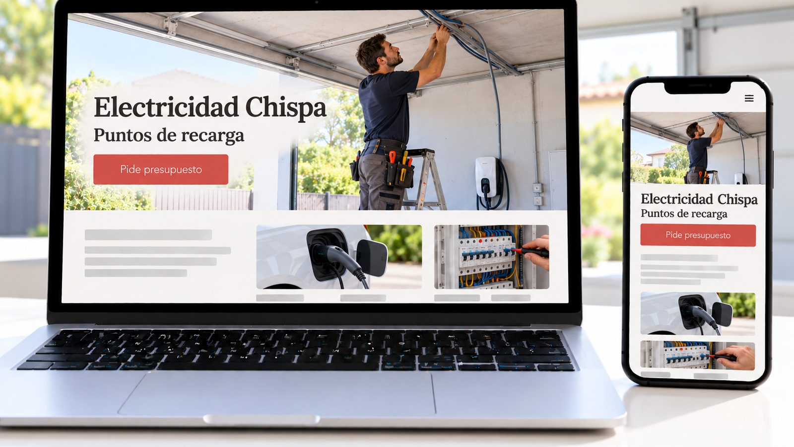 Un portátil y un móvil muestran la web de Electricidad Chispa con un electricista instalando cables en un garaje.