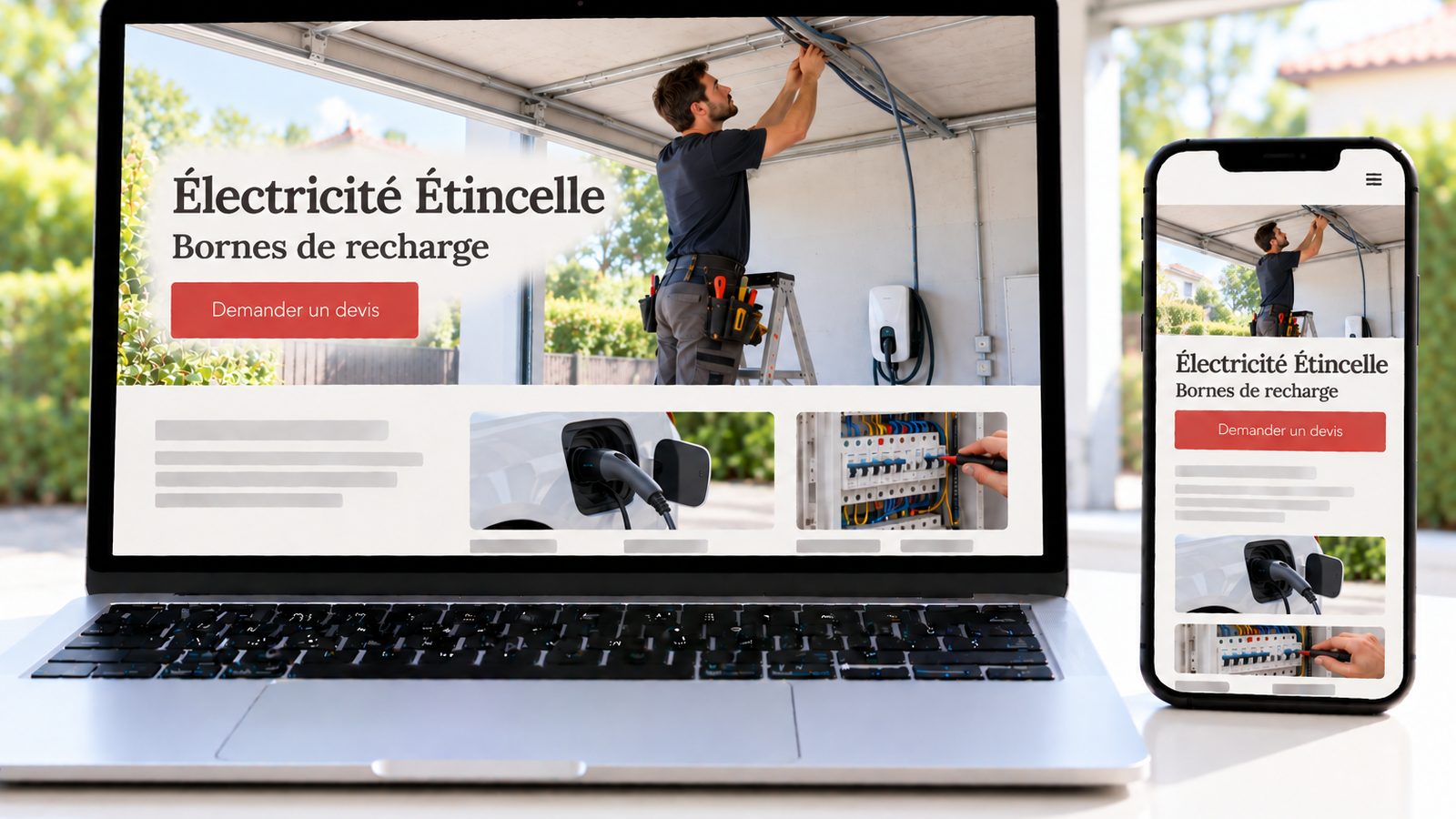 Un ordinateur portable et un smartphone affichent un site d’électricien avec un professionnel installant des câbles au plafond.