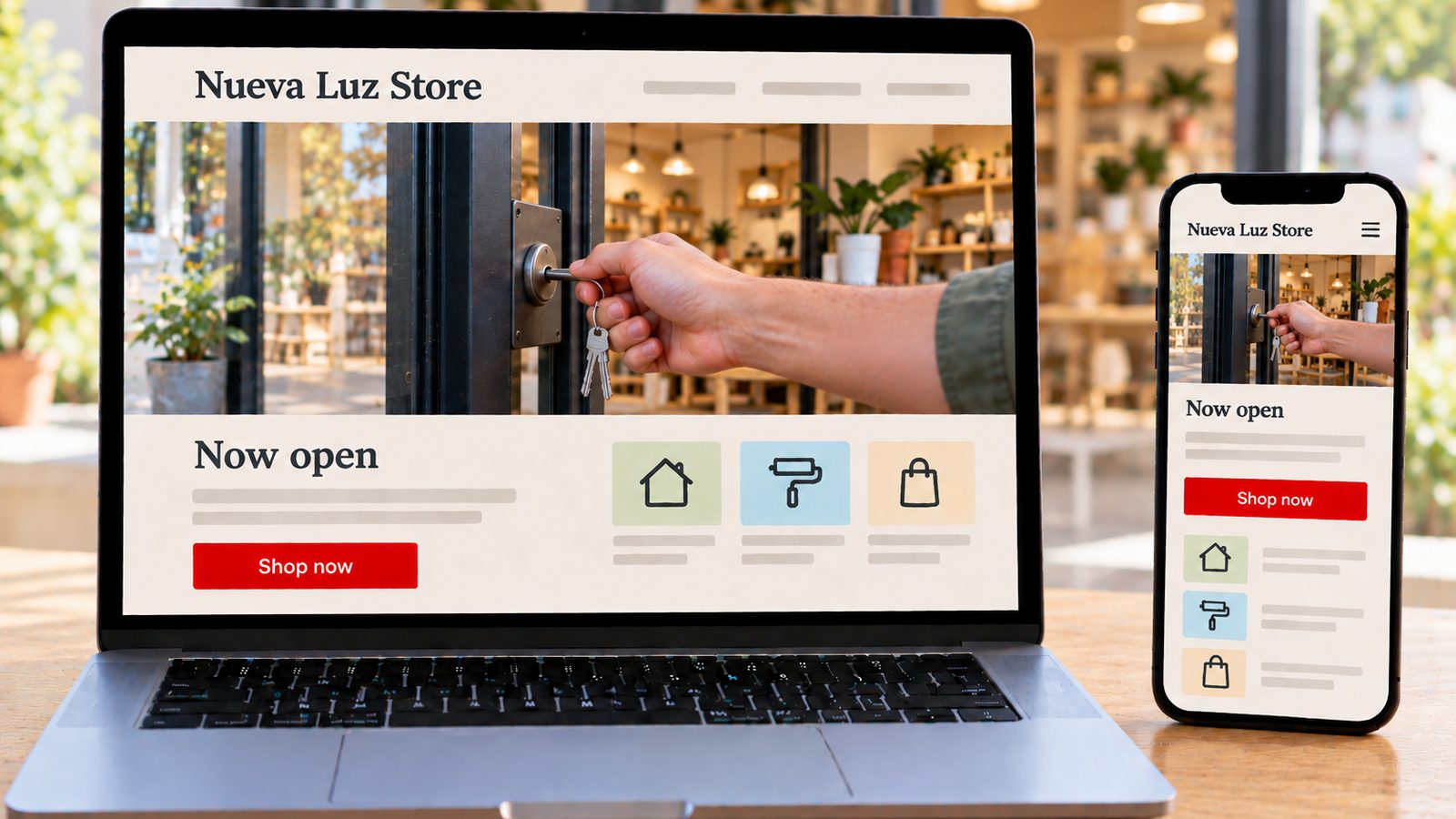 A laptop and smartphone display the Nueva Luz Store website in desktop and mobile layouts.