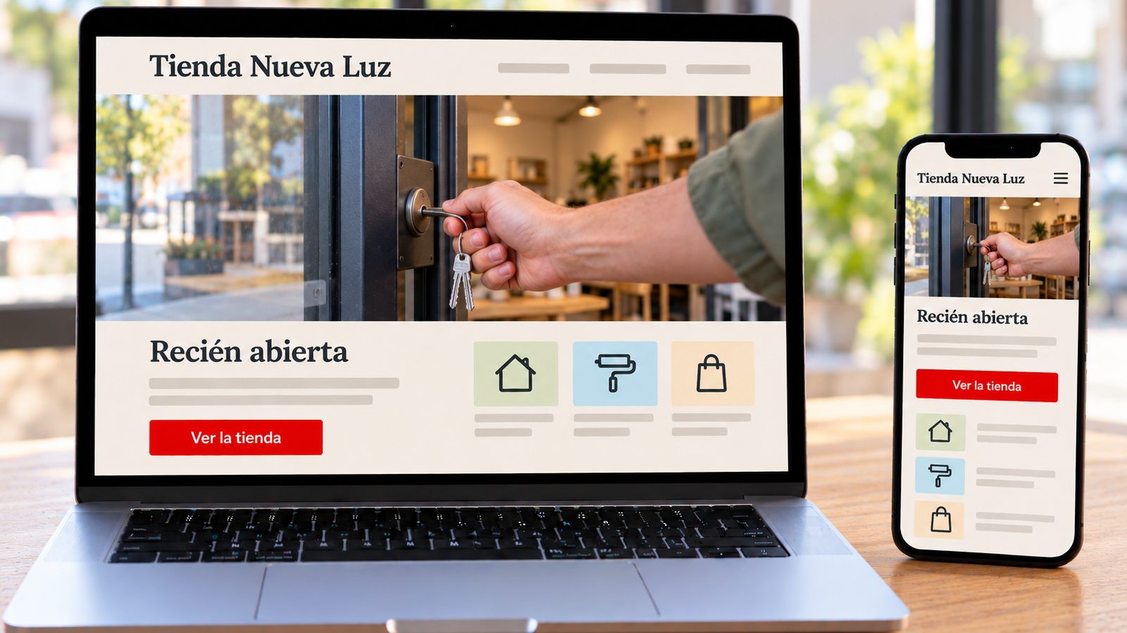 Un portátil y un móvil muestran la web de Tienda Nueva Luz en versiones de escritorio y móvil.