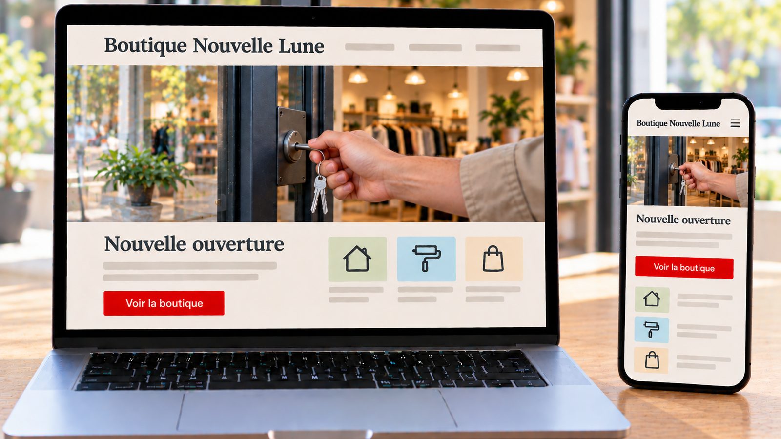 Un ordinateur et un smartphone affichent le site de la Boutique Nouvelle Lune en versions adaptées.