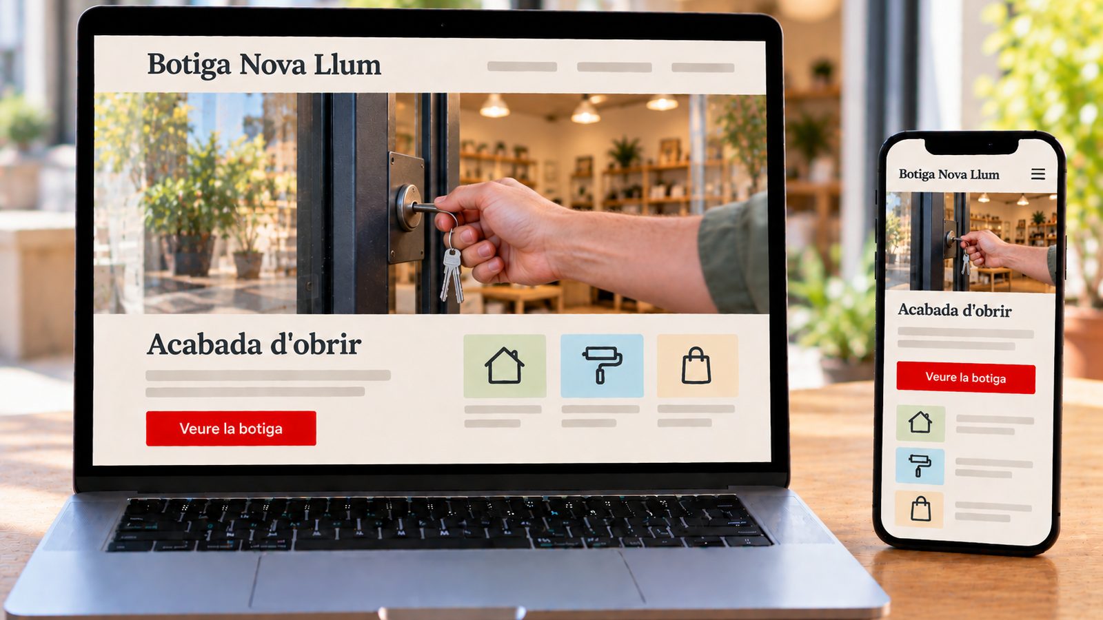Un ordinador i un mòbil mostren la web de Botiga Nova Llum en versions d'escriptori i mòbil.