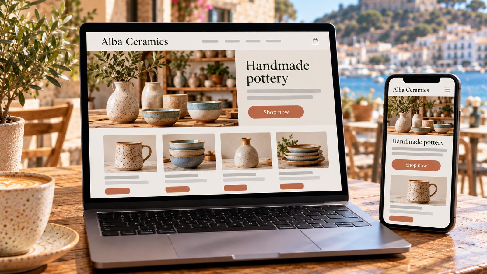 A laptop and smartphone display a ceramic artist's website with handmade pottery photos and a responsive layout.