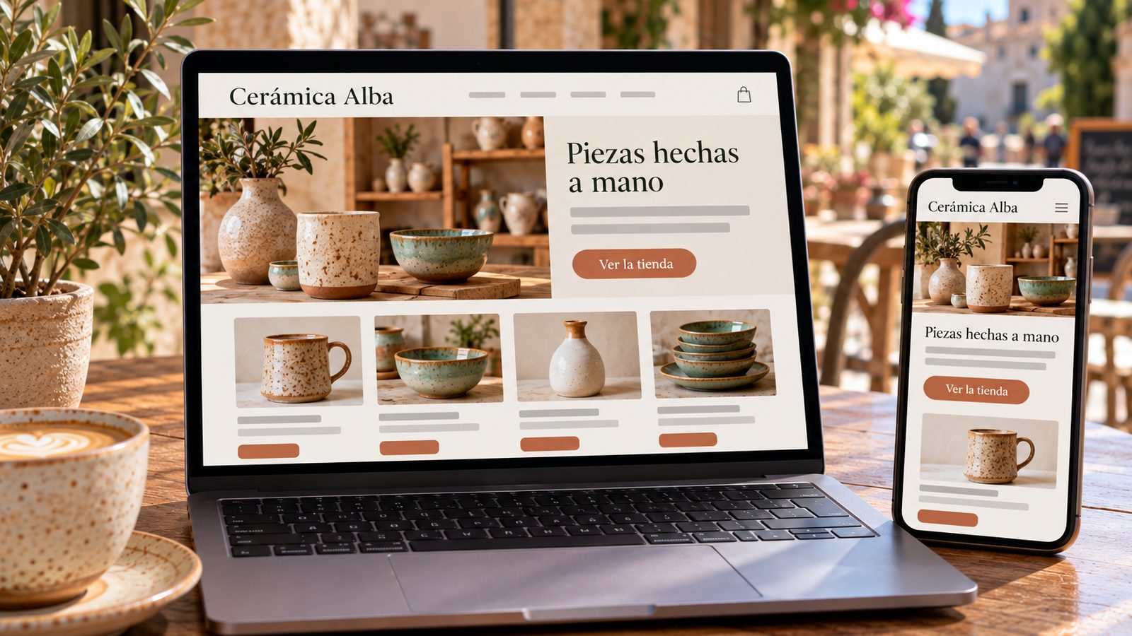 Un portátil y un móvil muestran la web de una ceramista, con fotos de sus piezas y diseño adaptado a ambas pantallas.