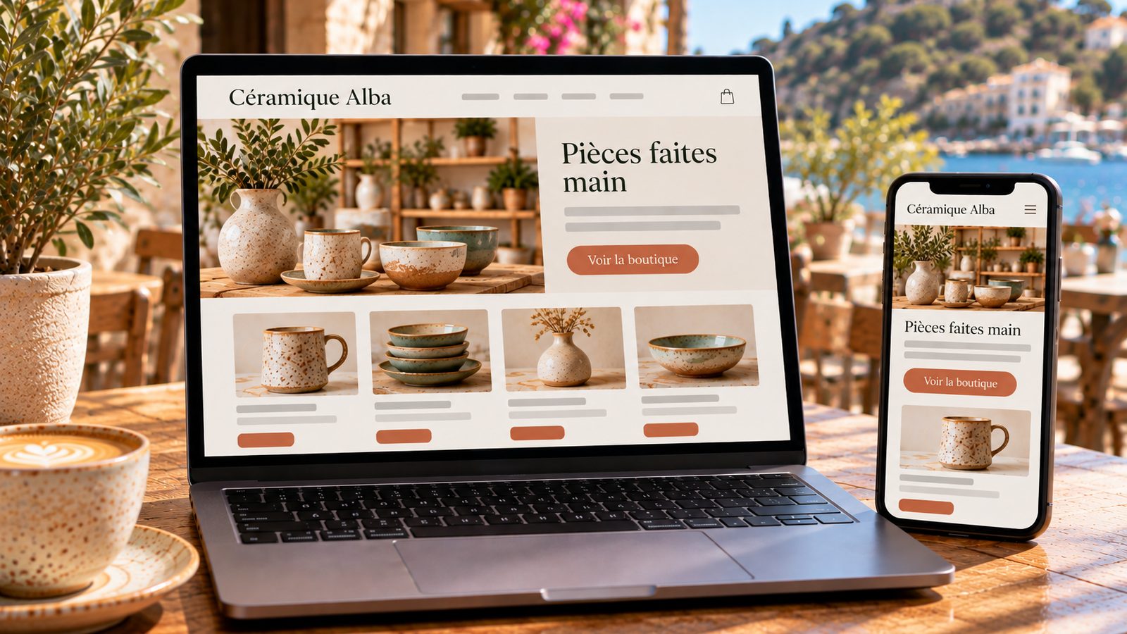 Un ordinateur et un smartphone affichent le site d'une céramiste avec des photos de poteries artisanales.